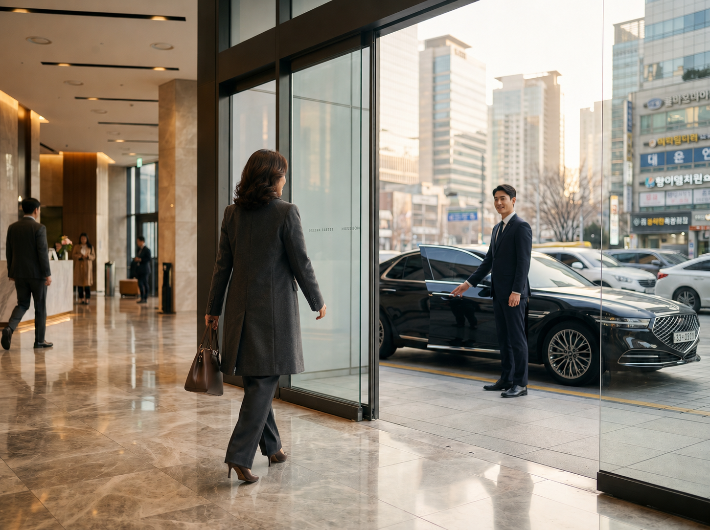 Executive pickup at a corporate lobby in Korea
