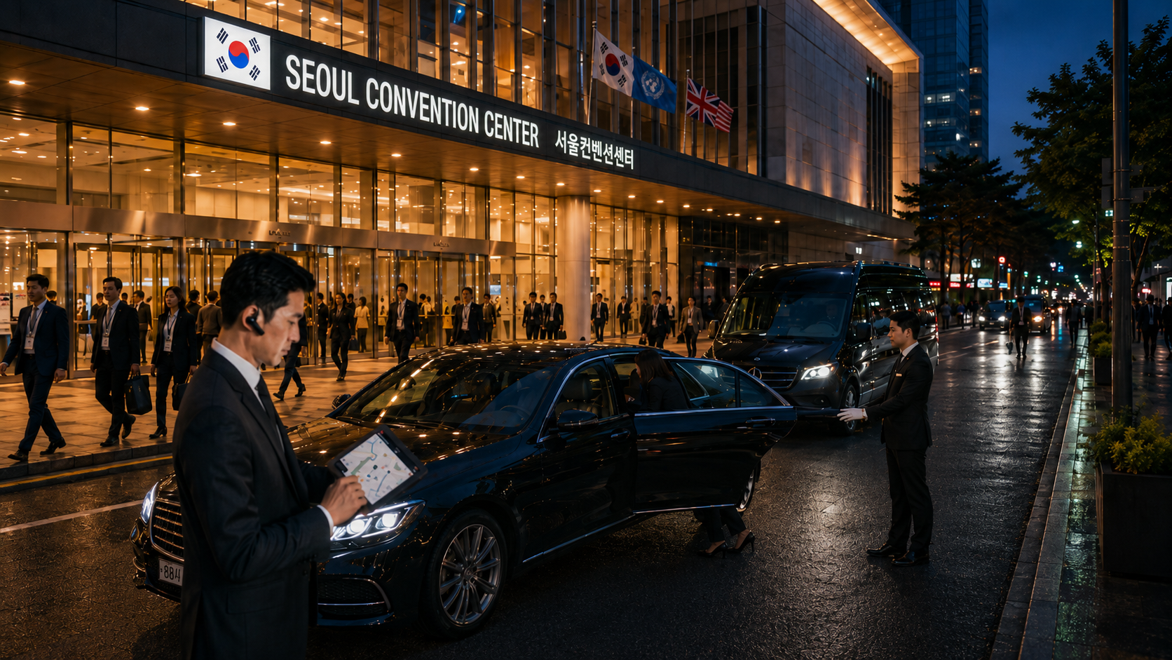 Convention center at night representing large-scale event transportation