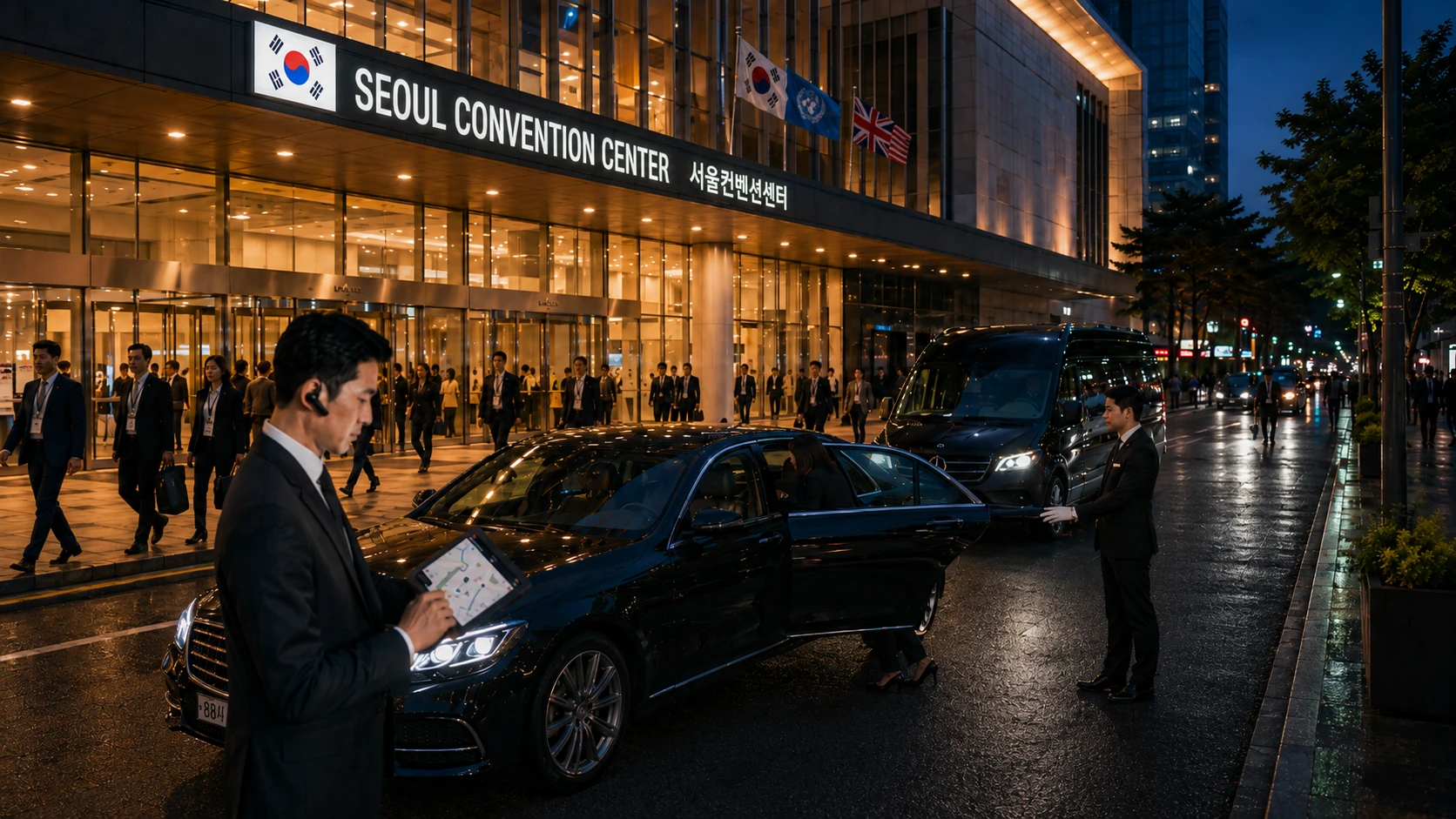 Korea MICE & event transportation — convention center at night with multi-vehicle conference shuttle