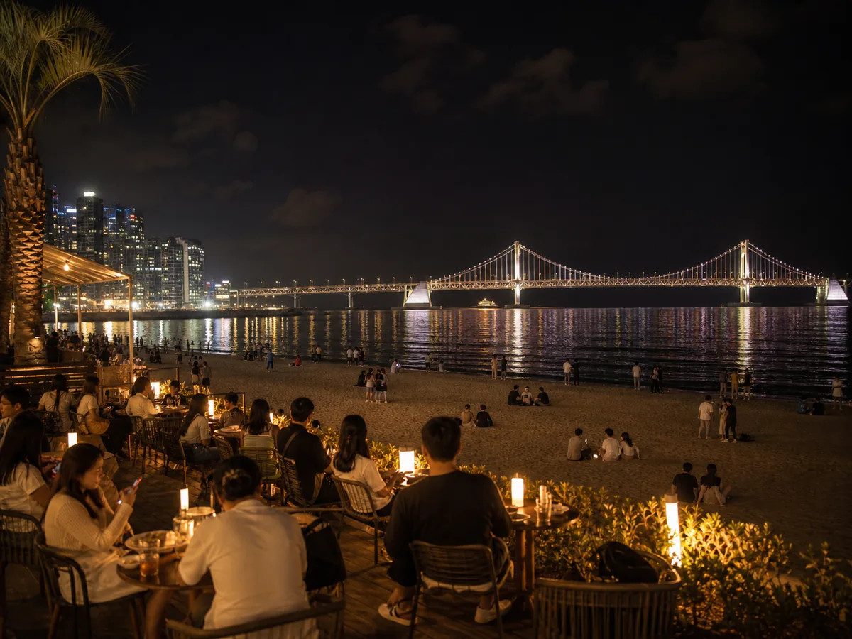 Gwangalli Beach with illuminated Gwangan Bridge at night, Busan