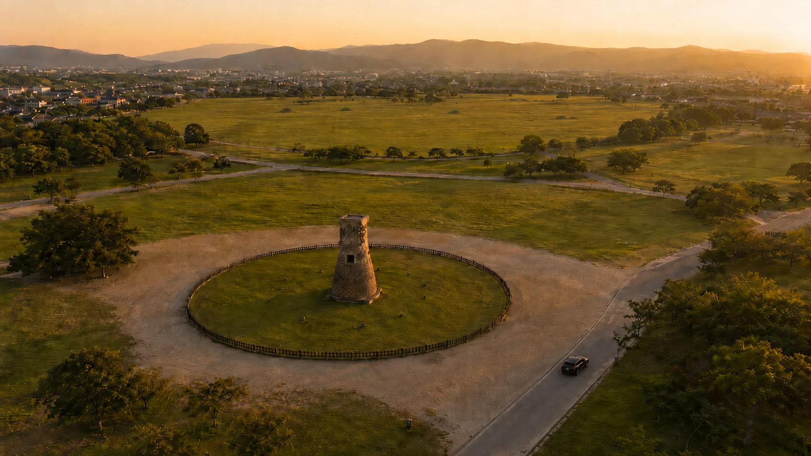 Aerial view of Cheomseongdae and Tumuli Park in Gyeongju at golden hour, with a black sedan on a nearby road — Korea heritage chauffeur service