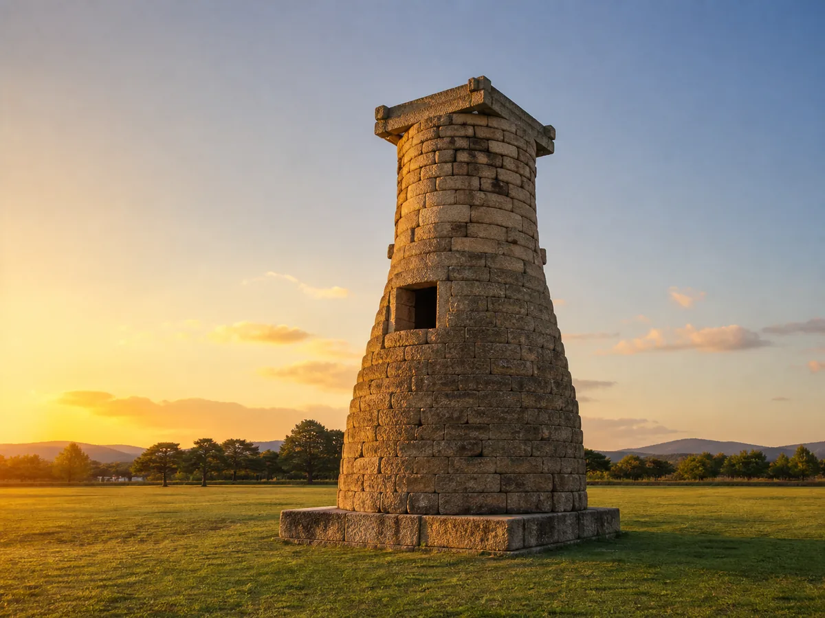 Cheomseongdae ancient astronomical observatory on green field, Gyeongju