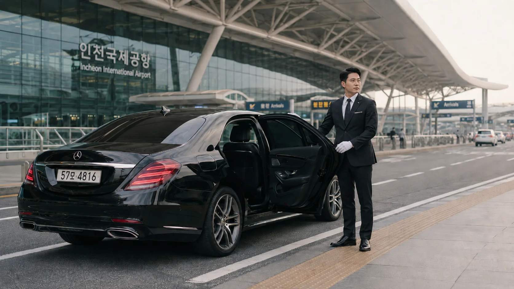 Black sedan and chauffeur waiting at Incheon Airport arrivals curbside