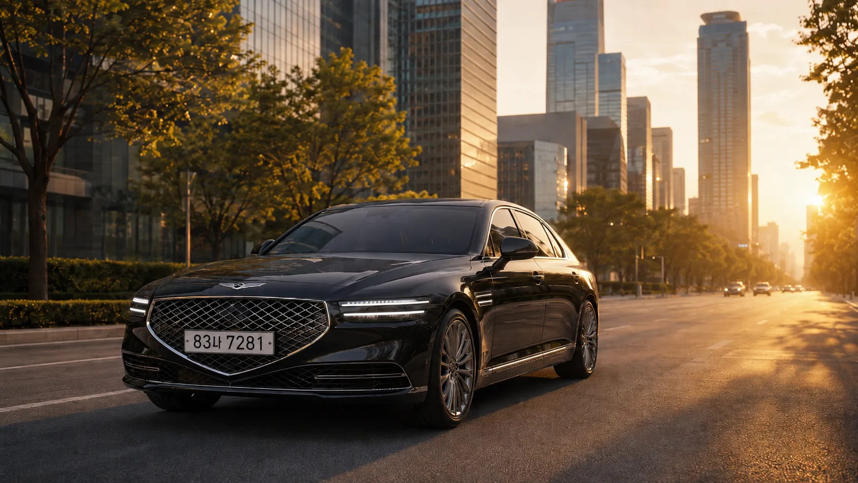Black Genesis G90 sedan on a Seoul boulevard at golden hour