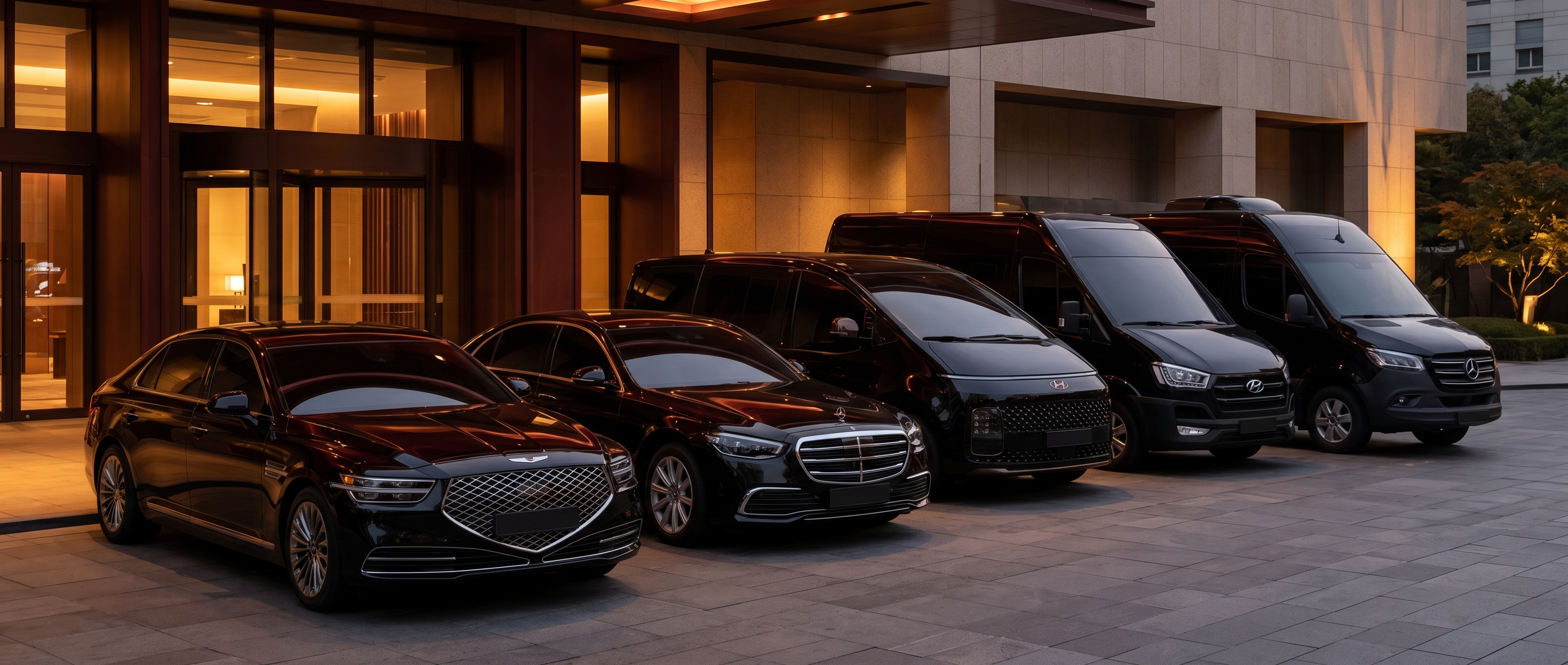 Five black WIZMO vehicles lined up — G90, S-Class, Staria, Solati, Sprinter