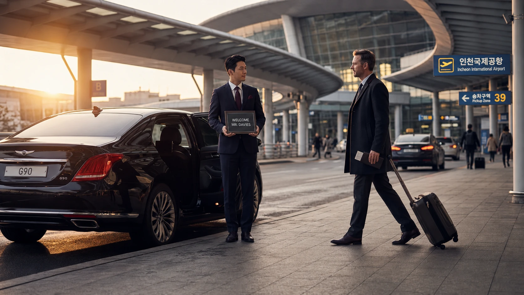 WIZMOBILITY chauffeur welcoming inbound traveler at Incheon Airport arrivals — Korea chauffeur service