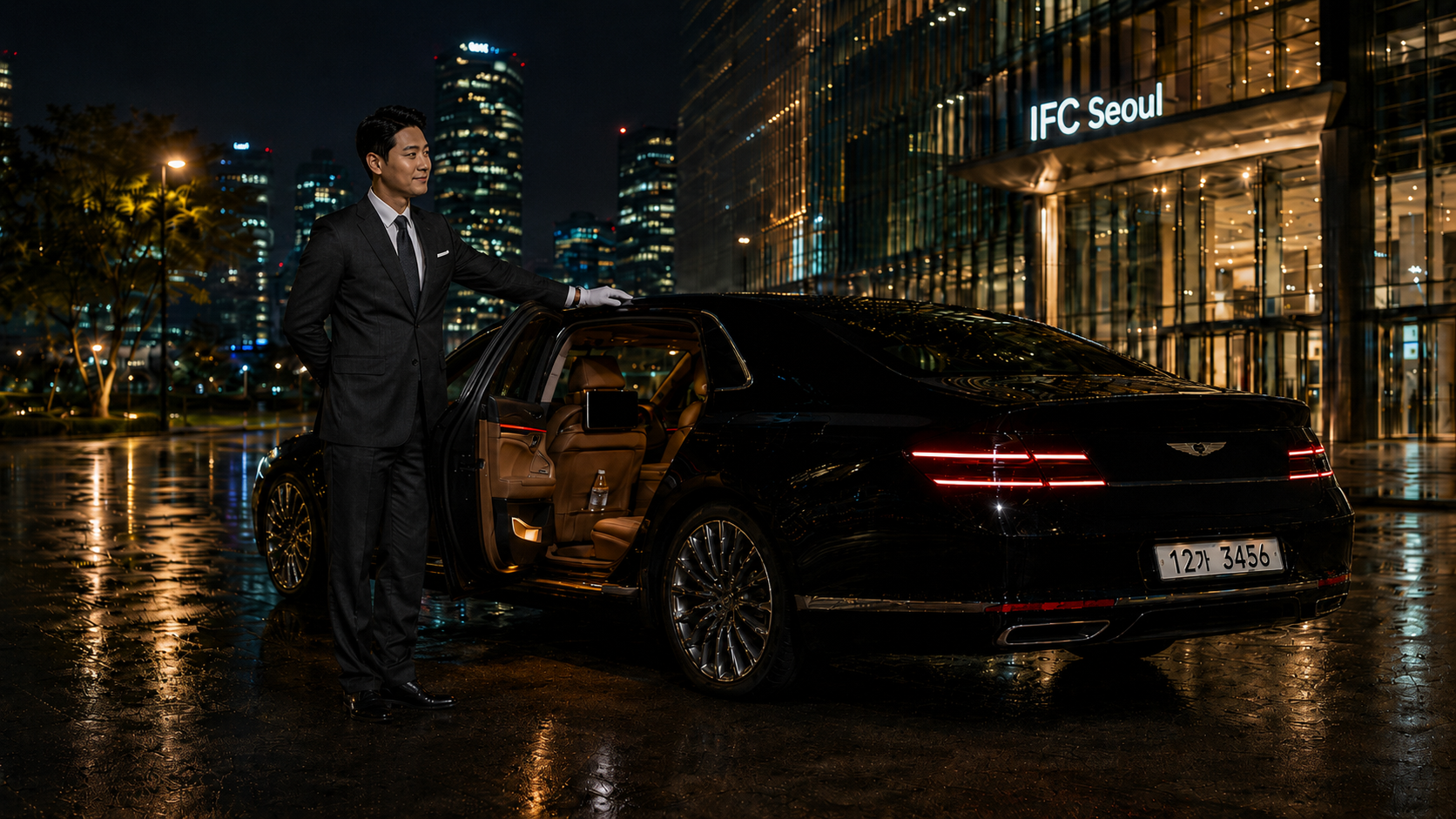 Chauffeur opening car door at IFC Seoul at night