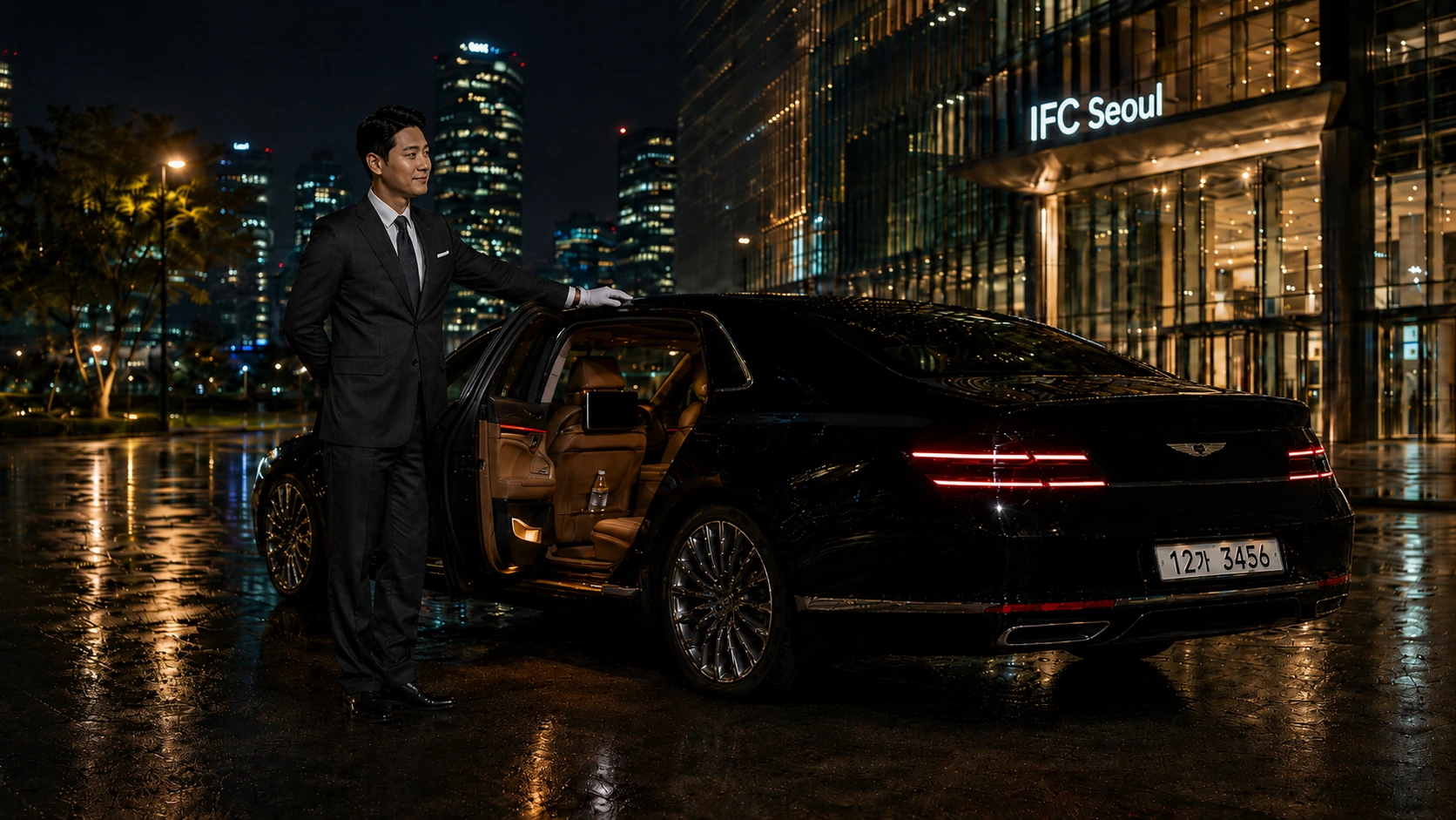 Chauffeur opening car door at IFC Seoul at night