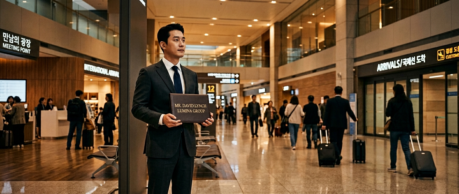 Chauffeur holding name sign at Incheon Airport arrivals hall