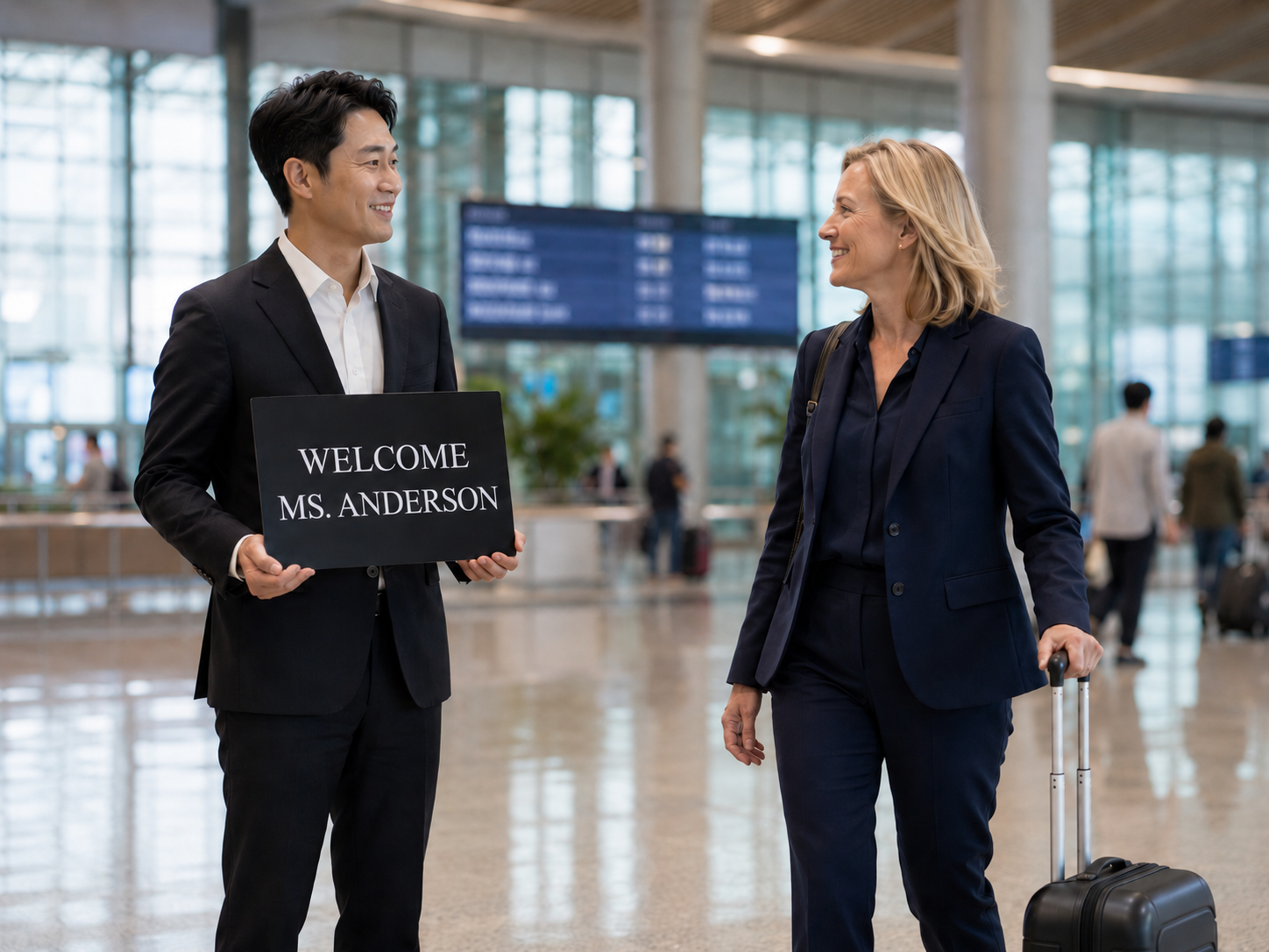 Chauffeur greeting passenger at airport arrivals