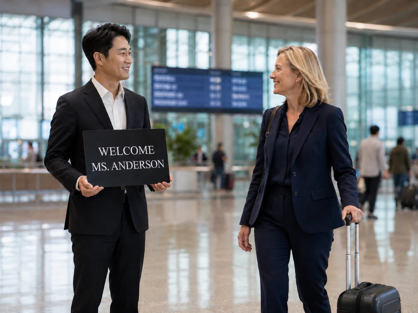 Chauffeur greeting passenger at airport arrivals