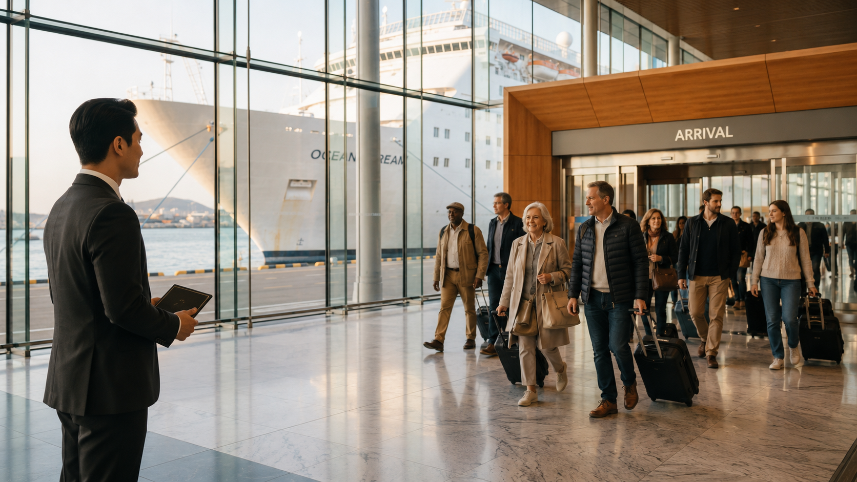 Chauffeur greeting cruise passengers at Korean cruise terminal