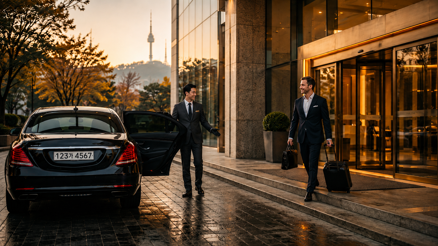 Premium chauffeur waiting at hotel entrance for hourly service