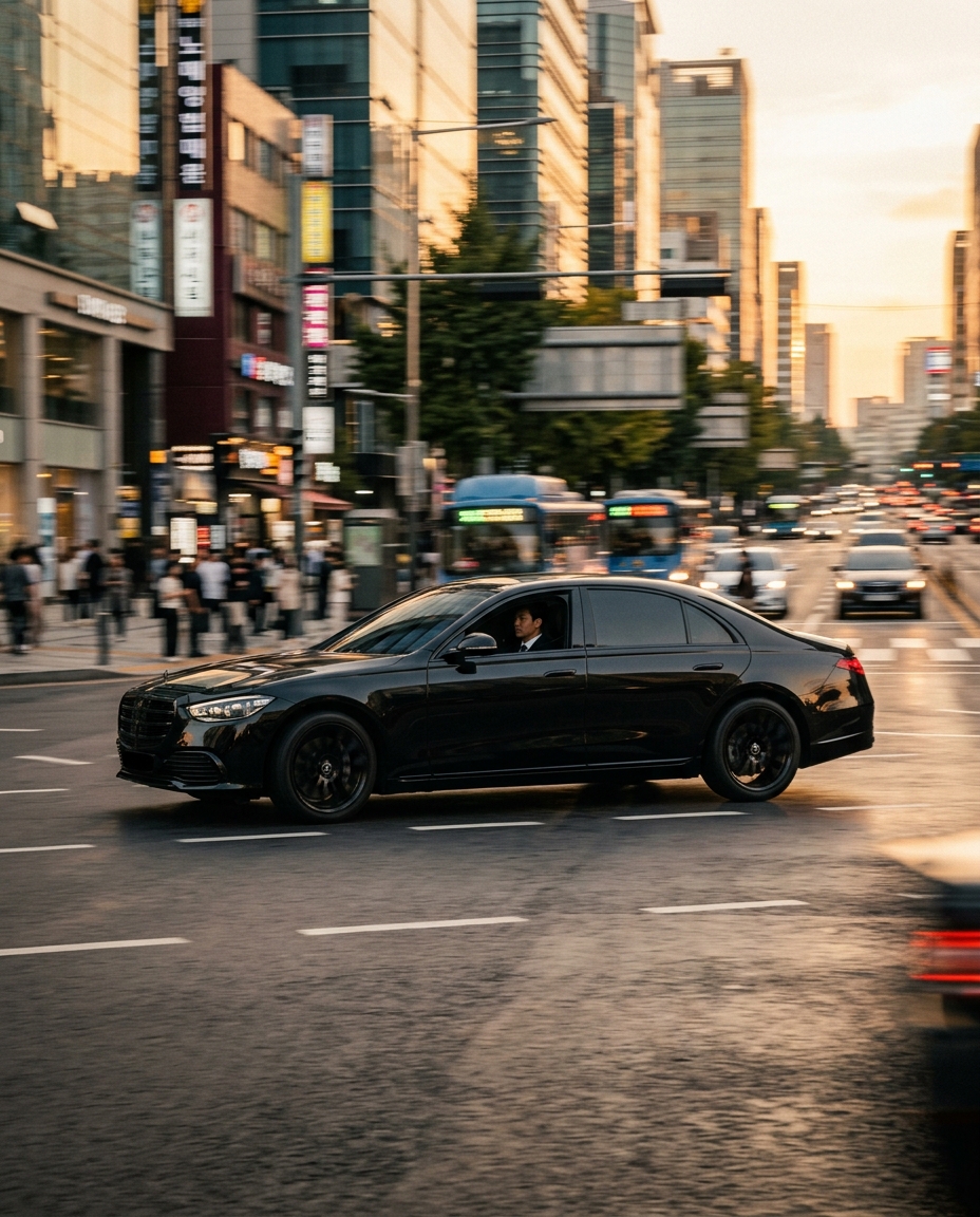 Mercedes S-Class chauffeur driving through Seoul city