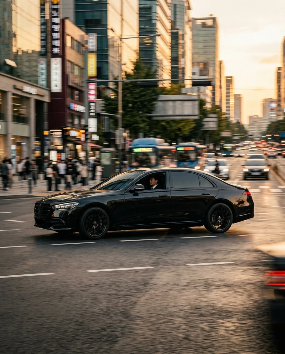 Mercedes S-Class chauffeur driving through Seoul city
