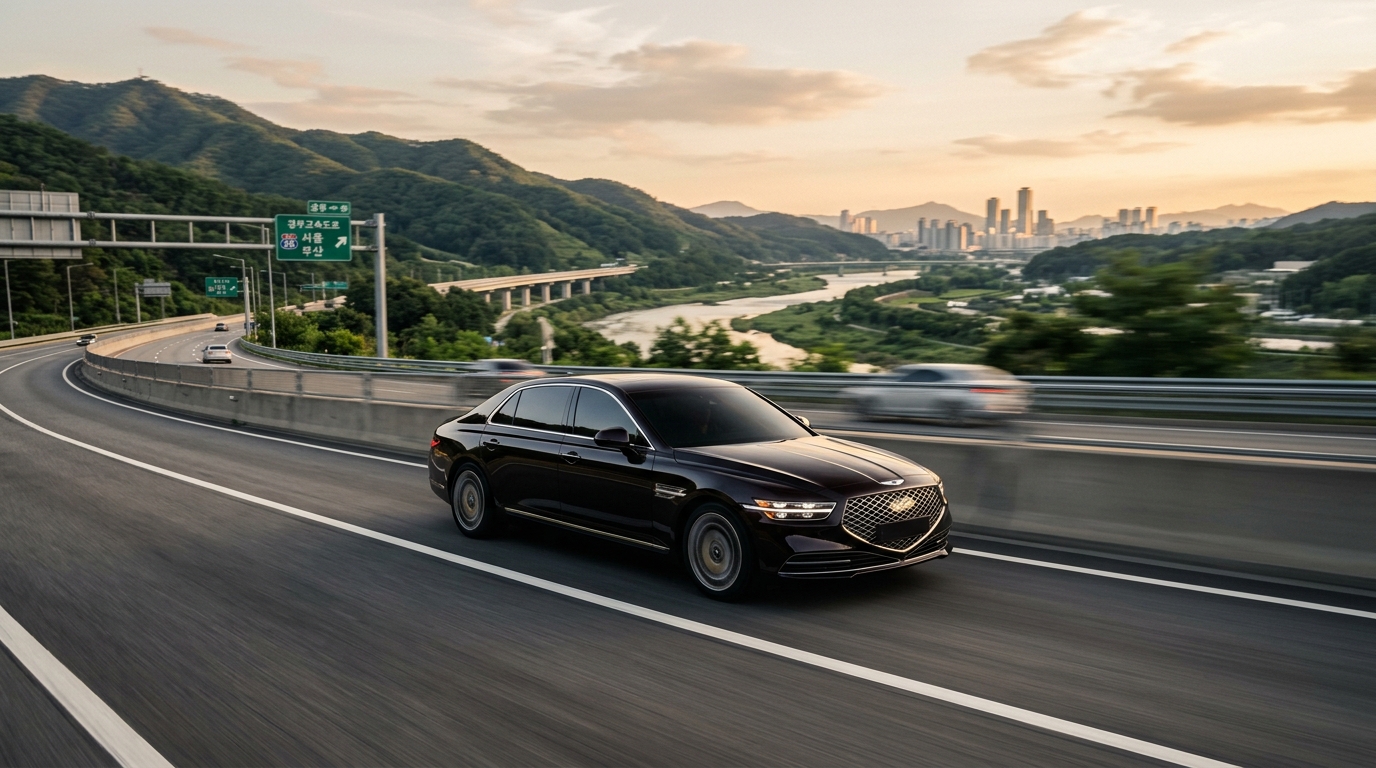 Genesis G90 driving on a Korean highway between cities