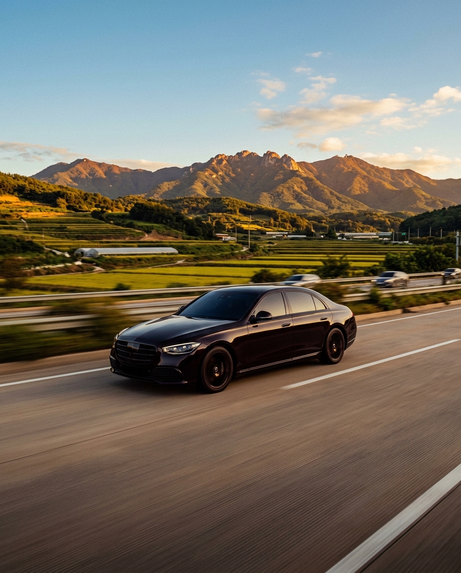 Mercedes S-Class driving through Korean countryside