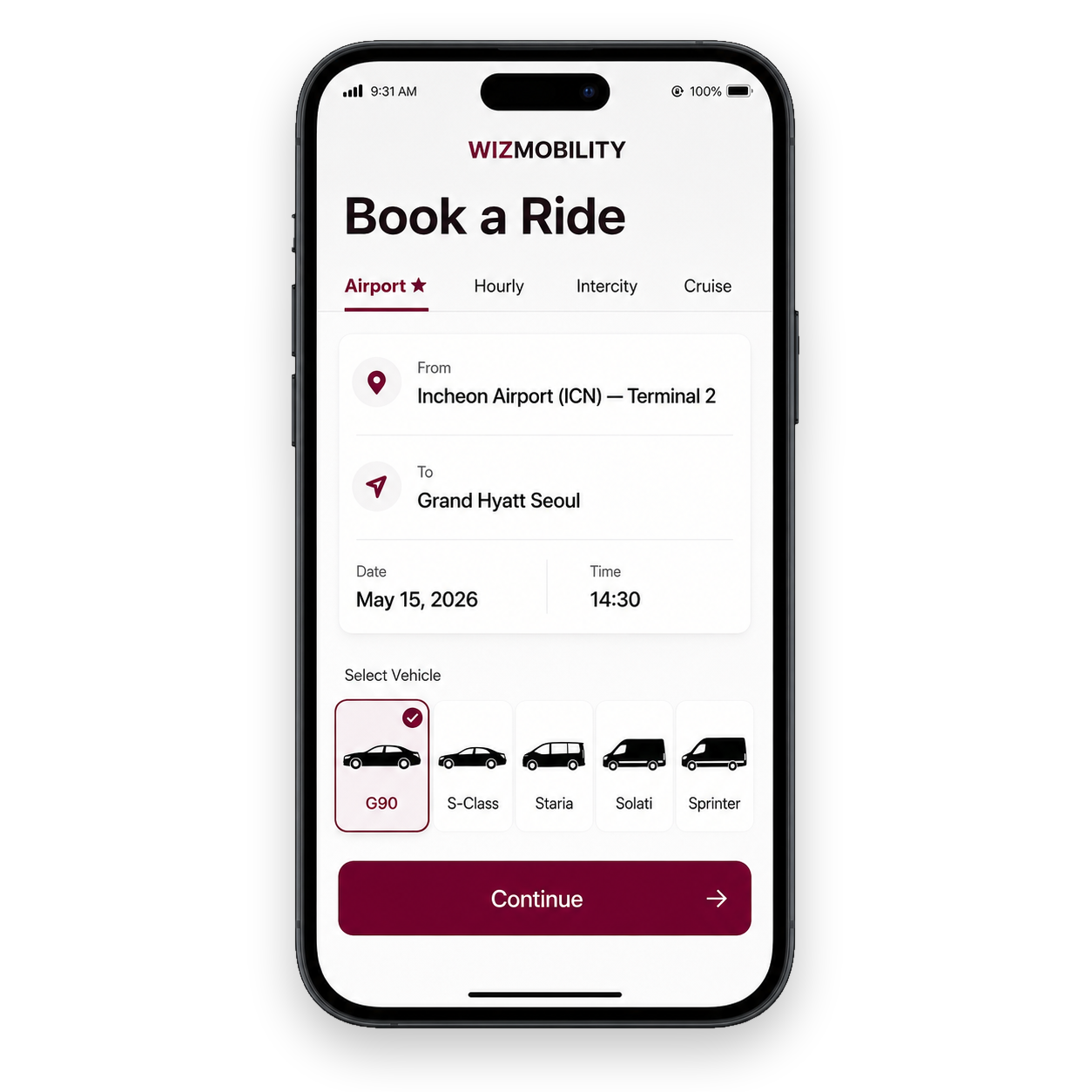WIZMOBILITY App — Book a Ride screen on phone