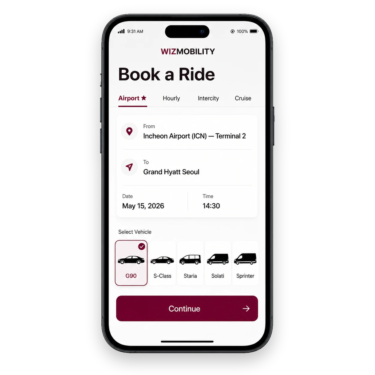 WIZMOBILITY App — Book a Ride screen on phone