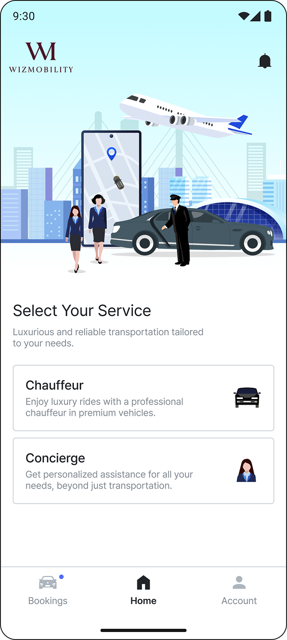 위즈모빌리티 앱 메인 화면 - 쇼퍼 및 컨시어지 선택