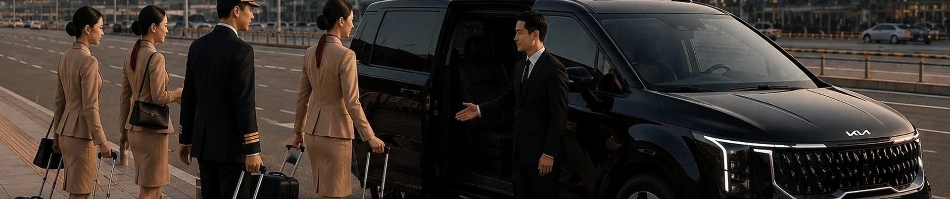 공항에서 승무원 그룹을 태우는 항공 승무원 이동 차량