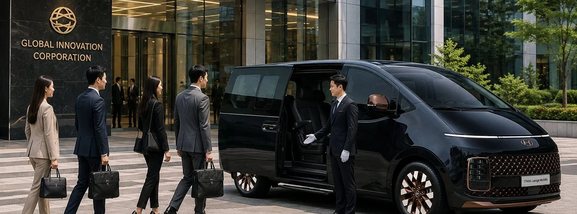 기업 사옥 앞에서 임직원 단체 이동을 운영하는 위즈모빌리티 차량