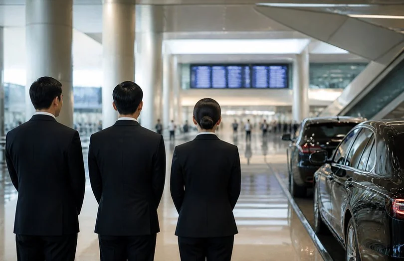 공항 도착 게이트에서 내빈을 영접하는 의전 담당자