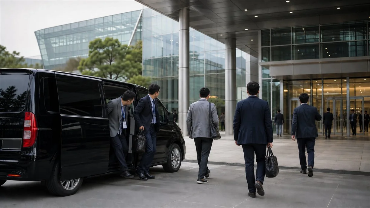 국제회의장 앞에서 차량에 탑승하는 MICE 참가자들
