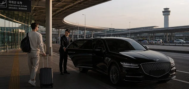 공항 국제선 도착층에서 승객을 맞이하는 전용 차량 기사