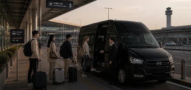 공항 셔틀 정류장에서 대형 승합 셔틀에 탑승하는 이용객