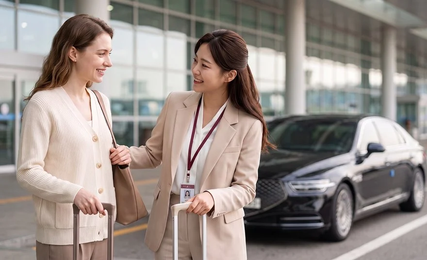공항 도착층에서 외국인 환자를 맞이해 병원으로 이동하는 차량