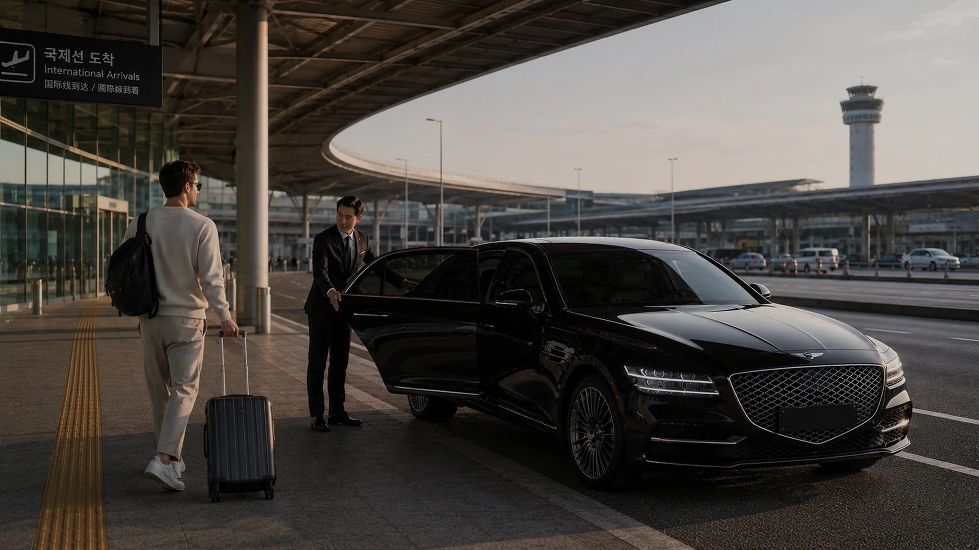 공항 청사 앞에서 승객을 맞이하는 전용 차량 기사