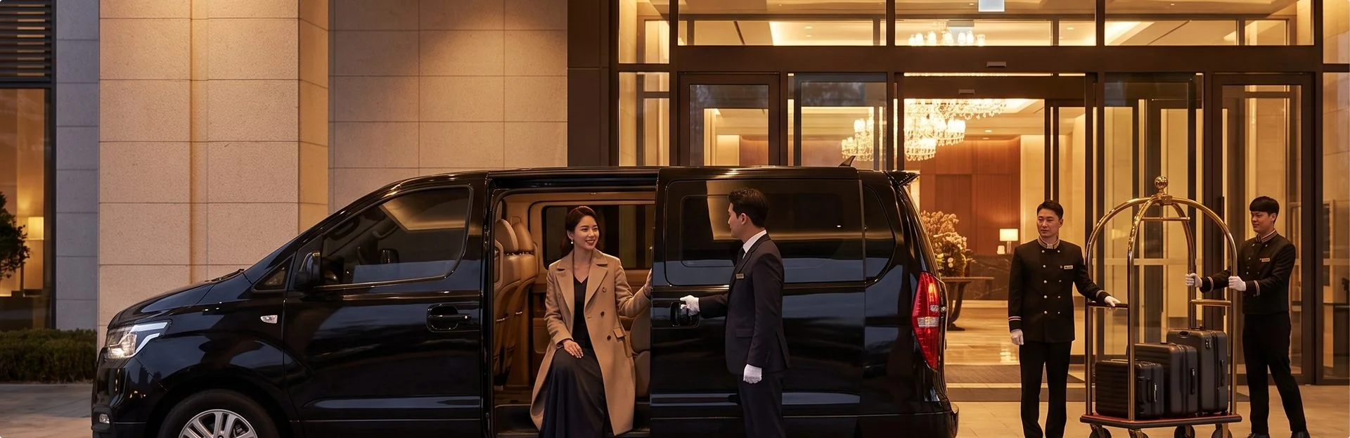 호텔 현관에서 고객을 안내하는 호텔 의료 VIP 의전 차량
